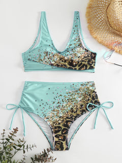 Lace-Up Printed Wide Strap Bikini Set