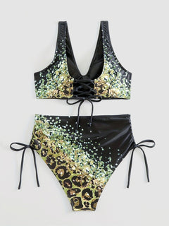 Lace-Up Printed Wide Strap Bikini Set