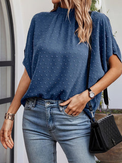 Swiss Dot Mock Neck Half Sleeve Blouse